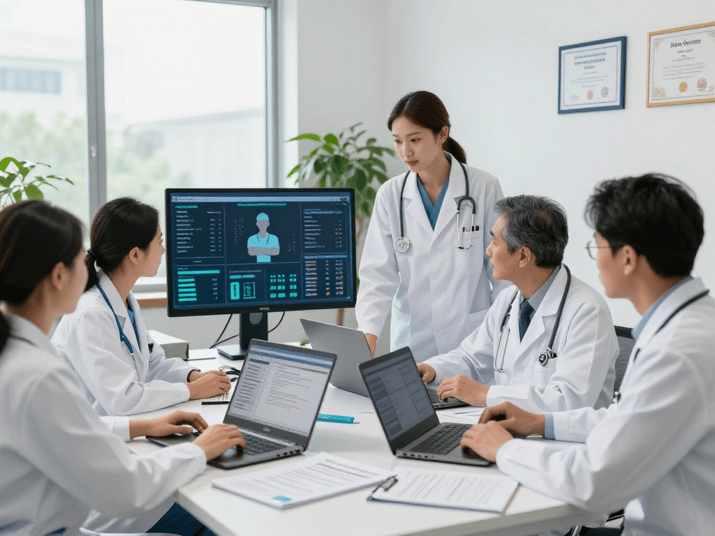 Gesundheitswesen Arzt team collaborating in a modern office to ensure data protection and patient care compliance.