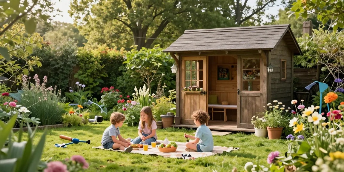 Ein stilvolles Gartenhaus umgeben von Blumen und Spielmöglichkeiten für Familien.
