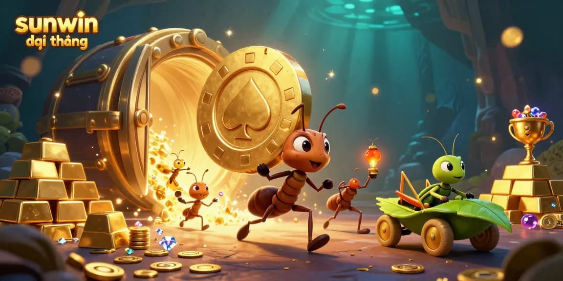 Engage with sunwin đổi thưởng as ants heist a golden poker chip in an action-packed casino scene.