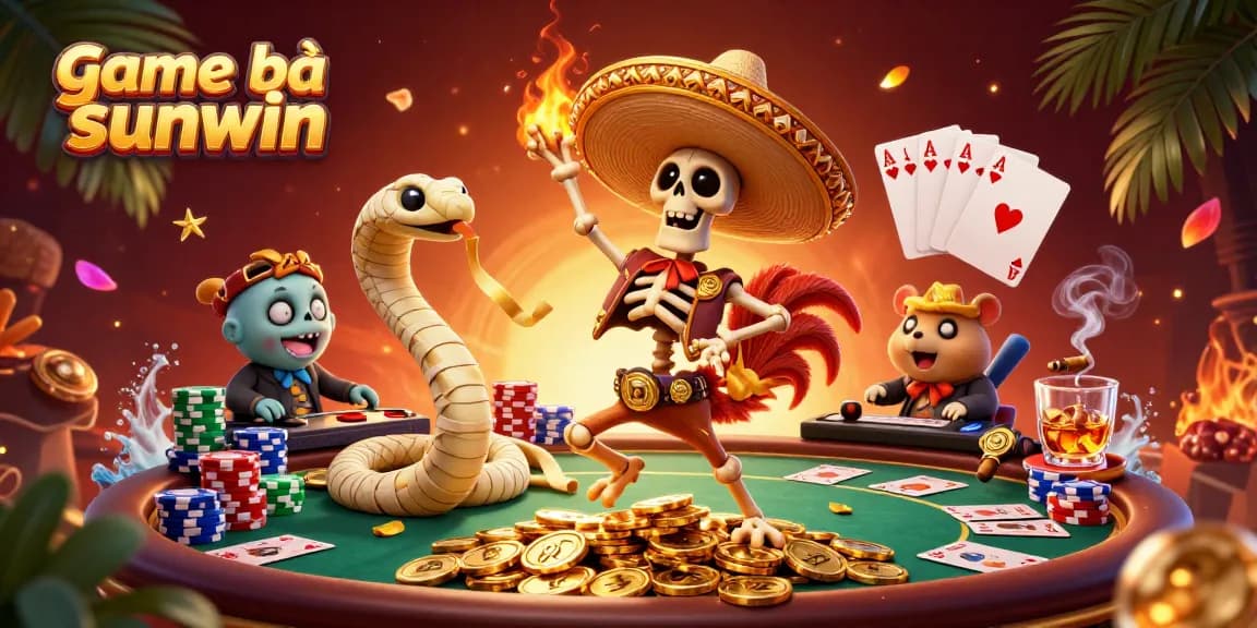 Experience the thrill of game bài sunwin with a vibrant 3D casino illustration featuring lively characters.
