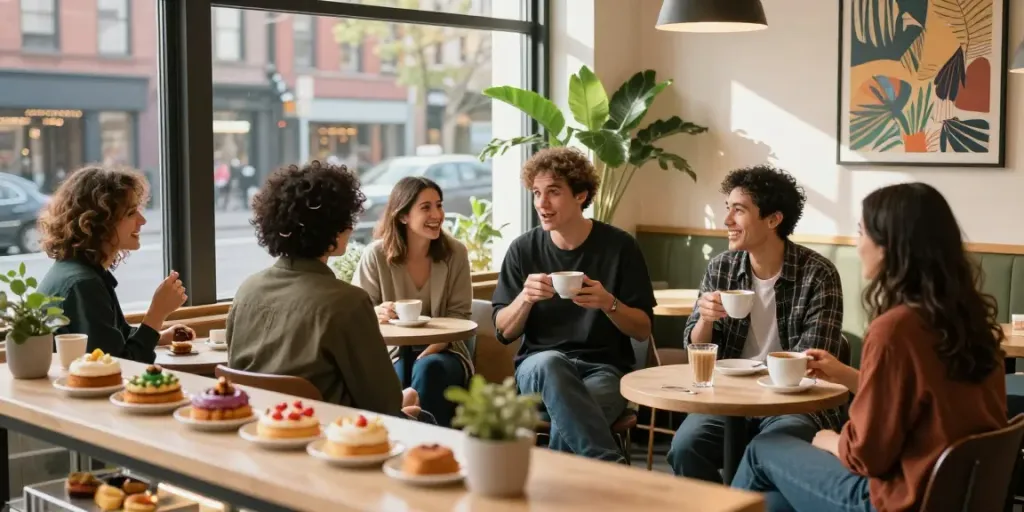 Friends enjoying rokok88 products in a vibrant cafe setting, sharing laughter over coffee.