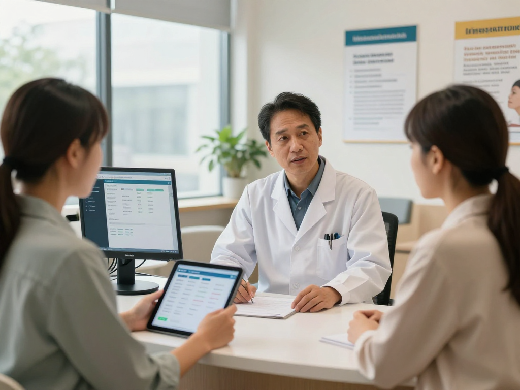 Gesundheitswesen Arzt mit Patient in moderner Praxis, digitale Ressourcen zur Barrierefreiheit sichtbar