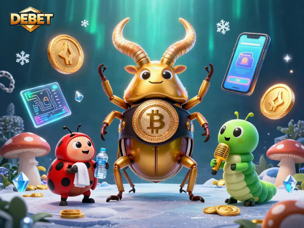 Experience DEBET with a dynamic scene of gaming excitement featuring a giant beetle and vibrant crypto elements.