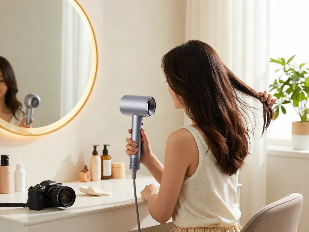 Frau verwendet einen Laifen Haartrockner im modernen Badezimmer, um ihr Haar zu stylen.