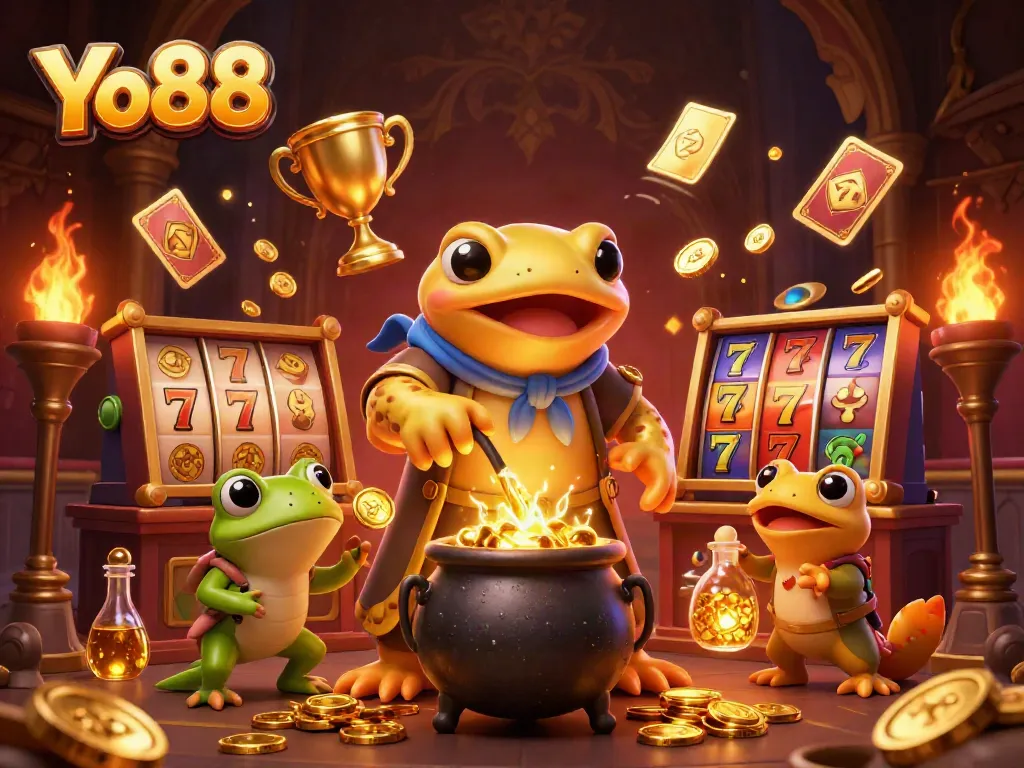 Play exciting slot games at Yo88 with a giant golden salamander alchemist and a frog apprentice in a vibrant, magical scene.