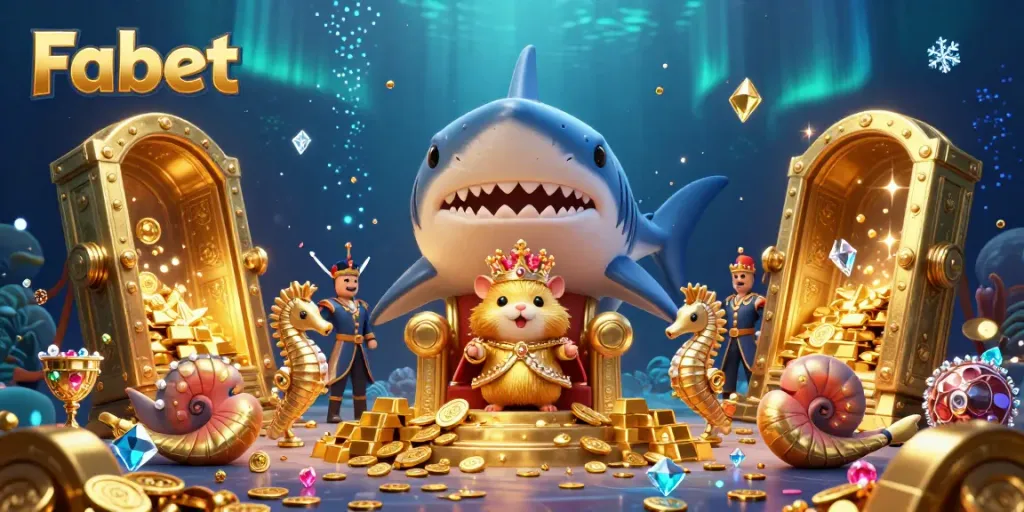 Experience excitement at Fabet with a unique scene of underwater casino royalty, gold treasures, and vibrant characters.