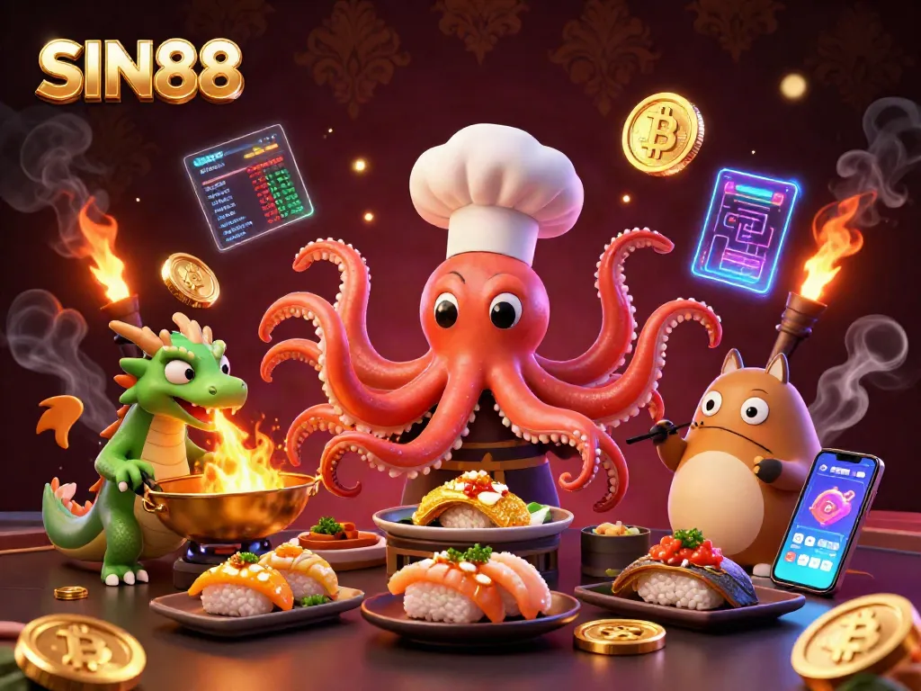 SIN88 showcases a vibrant 3D scene with a sushi chef octopus and golden gaming elements, including cryptocurrency.