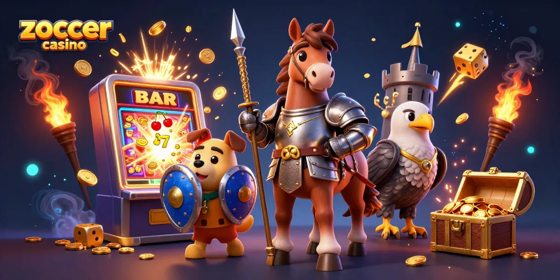 Zoccer Casino's dynamic atmosphere with a knight, a squire puppy, and a falcon winning jackpots amidst vibrant casino elements.
