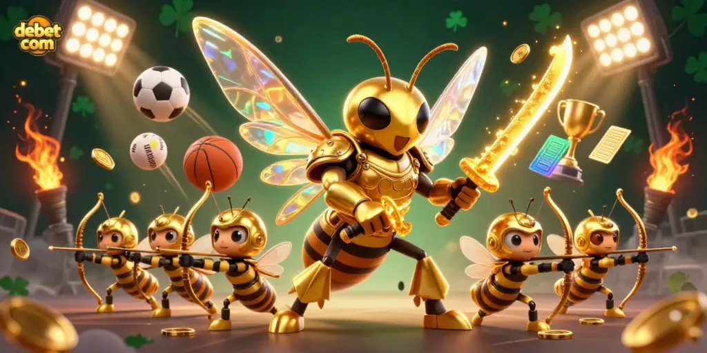 Experience the excitement of debet com with a dynamic illustration featuring a golden hornet in samurai armor amidst sports elements and action.