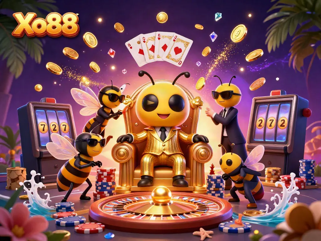 Xo88 offers thrilling casino experiences with dynamic characters in a vibrant 3D illustration.