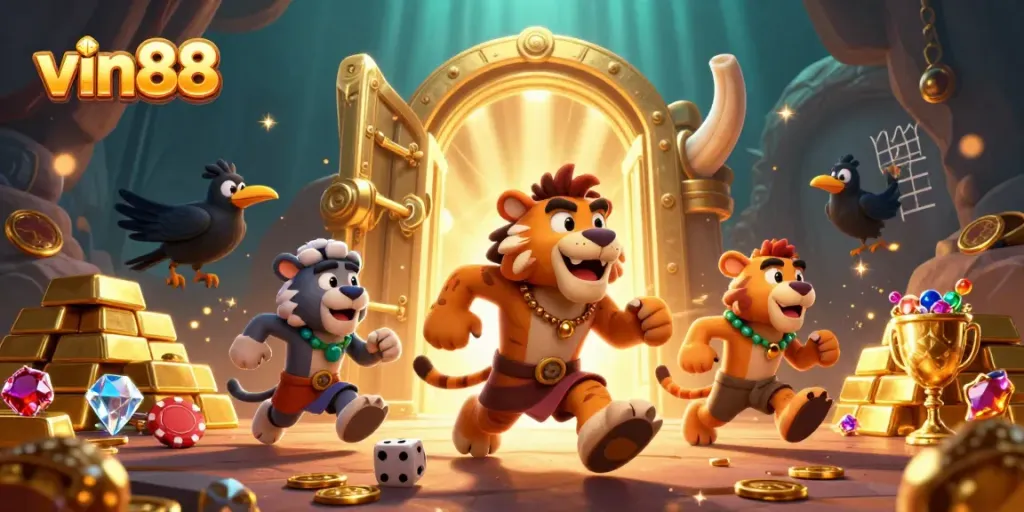 Experience vin88 with a vibrant 3D illustration of a prehistoric casino with unique characters.