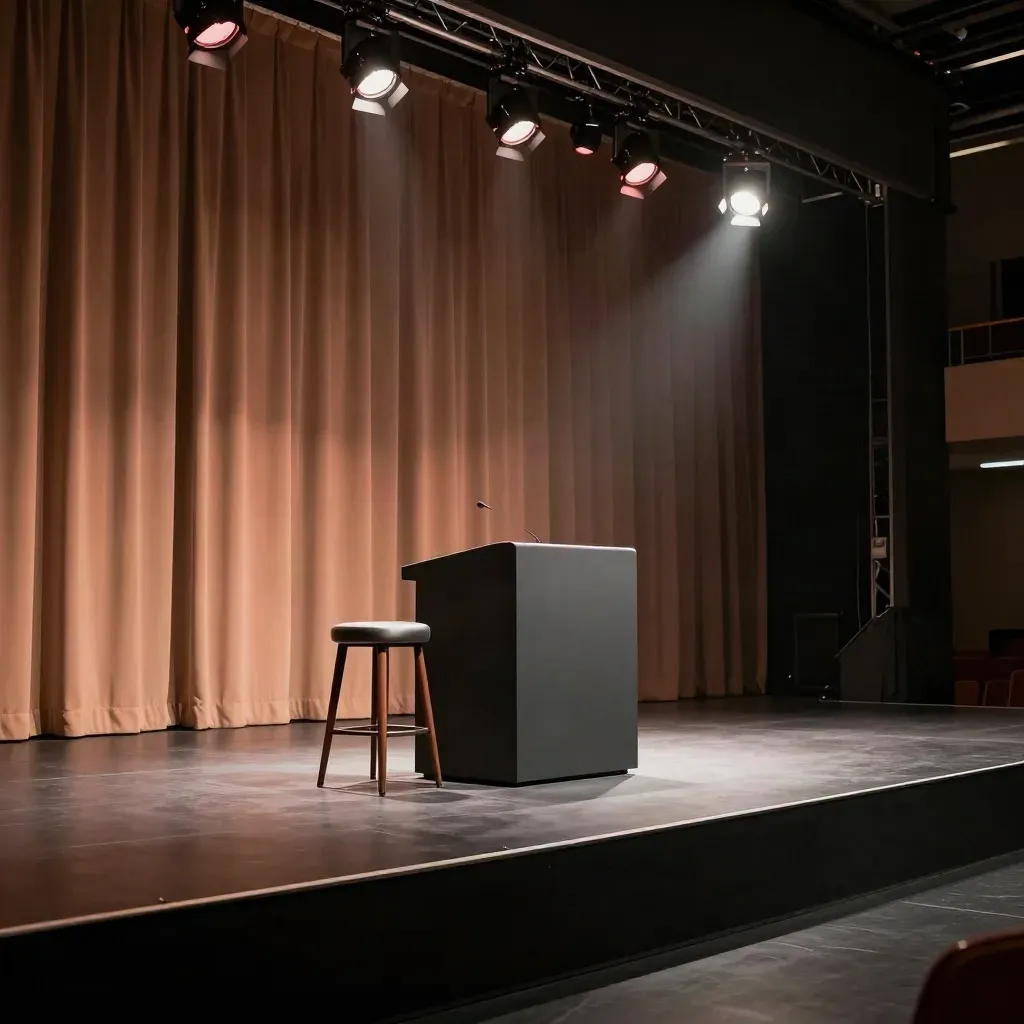 Leere Vortragsbühne mit Podest, zwei Hockern und warmem Bühnenlicht in der Messehalle.