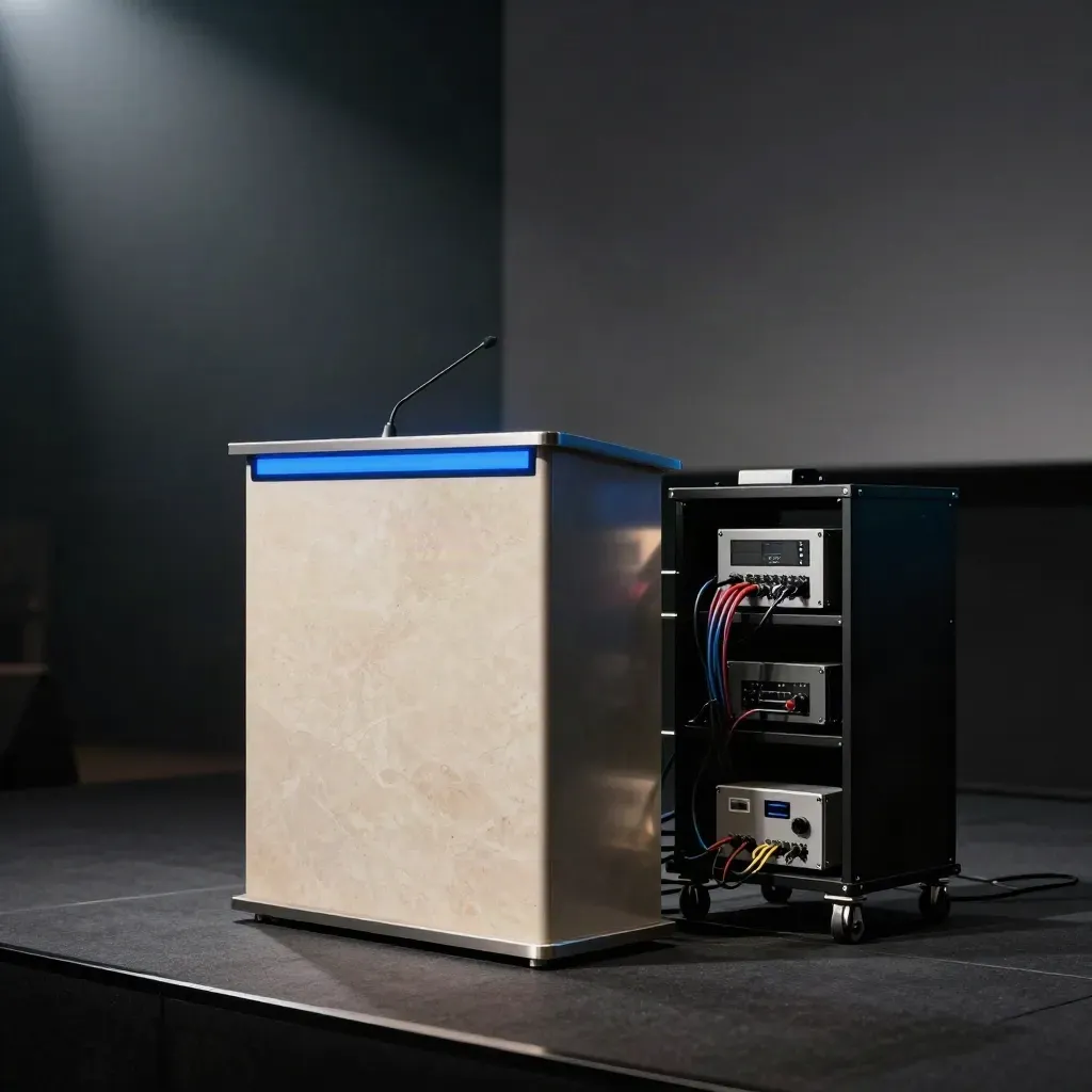Startup-Bühne mit Demo-Podium, Timerlicht und Technikrack im leichten Bühnennebel.