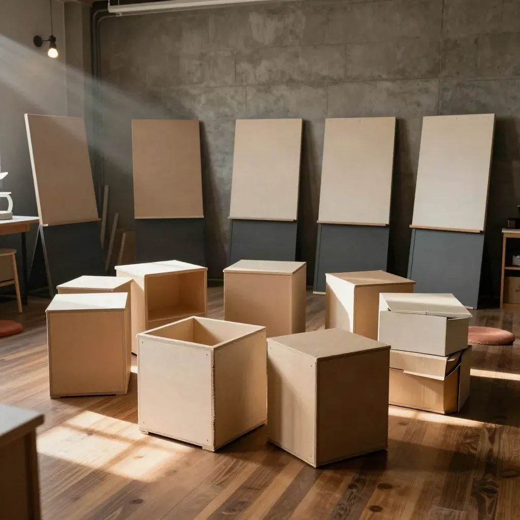 Leerer Workshopraum mit Hockern, Pinnflächen, Prototyp-Boxen und warmem Nachmittagslicht.