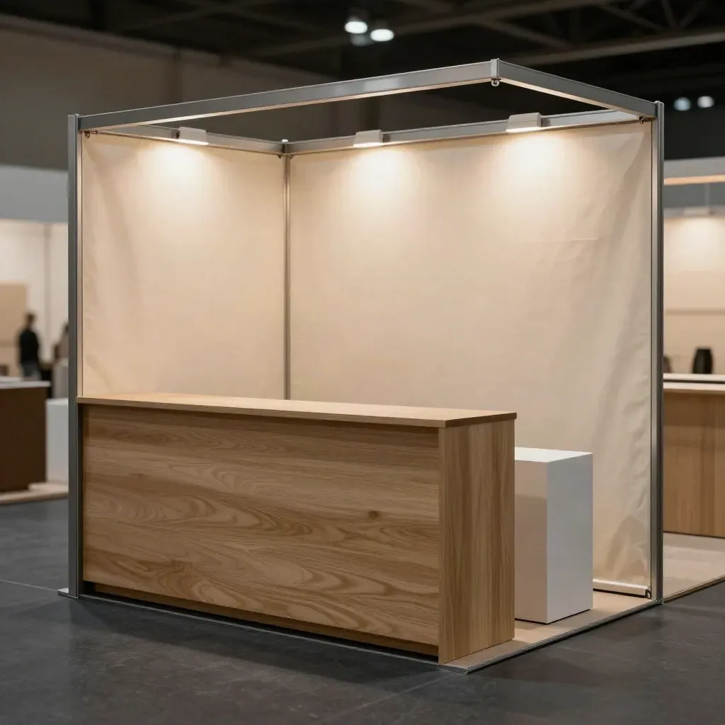 Fertig aufgebauter Gründerteam-Messestand mit Holzcounter, Stoffwand und leuchtenden Podesten.
