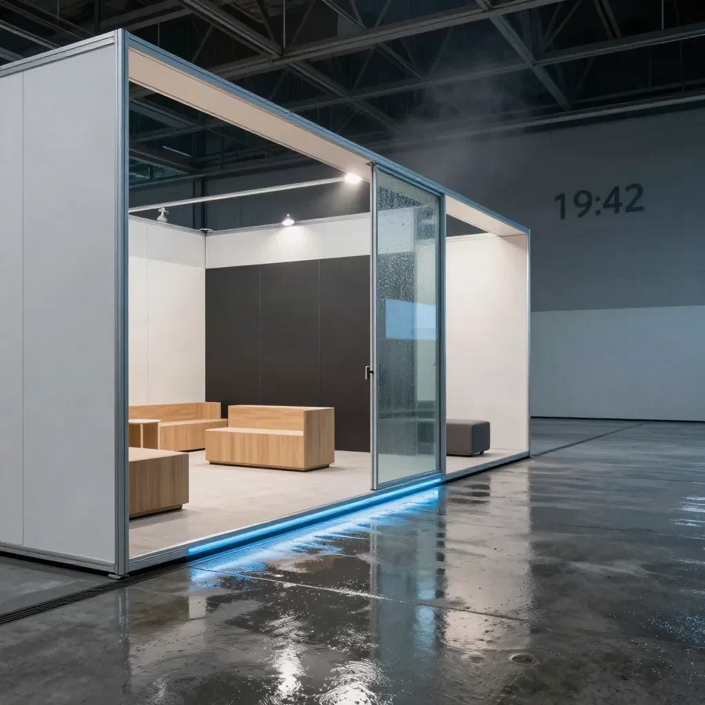 Innovationsmesse-Halle mit Messeständen, Lounge-Inseln und nassen Reflexen im Regenlicht