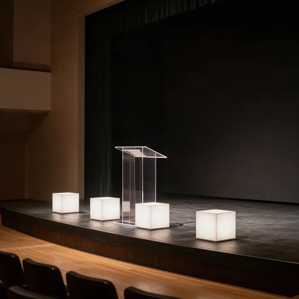 Leere CleanTech-Pitchbühne mit transparentem Podium, Lichtkuben und dunklem Saal.