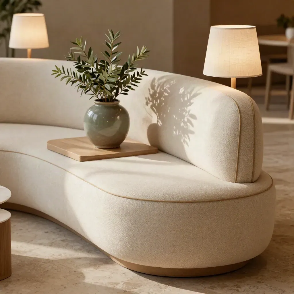 Makro einer Networking-Lounge mit Sitzlandschaft, Pflanzen und Stehleuchte in warmen Naturtönen.