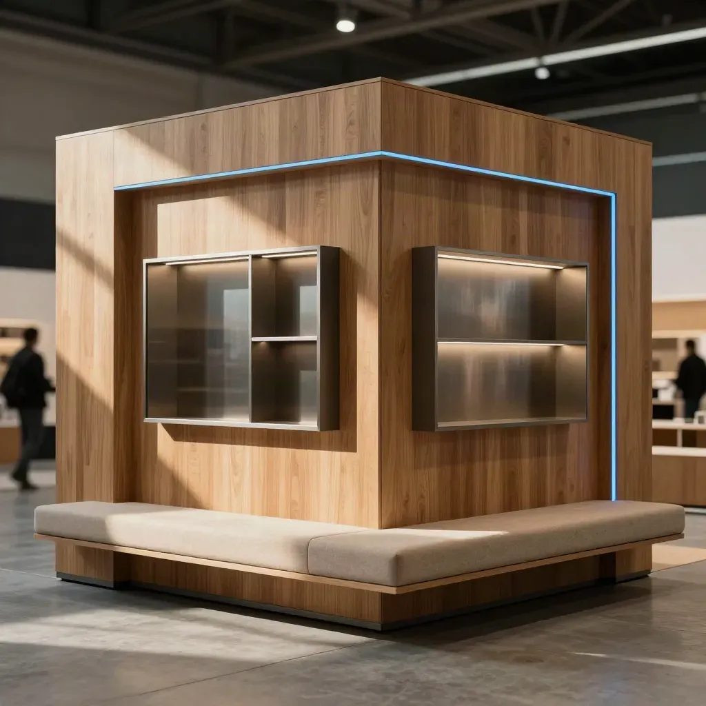 Leerer Mittelstands-Messestand mit Holz, Glas und blauem Licht in einer Halle