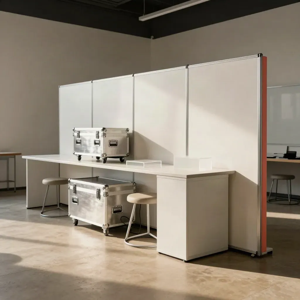 Vorbereiteter HealthTech-Workshopraum mit Modulen, Cases und Hockern in klinischem Licht