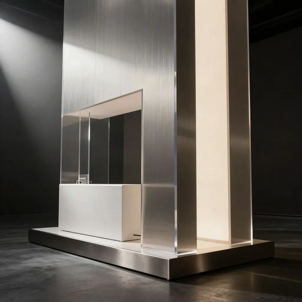 Leuchtender Sponsoring-Monolith mit Acrylsäulen und ruhiger Empfangszone im Messehallendunkel