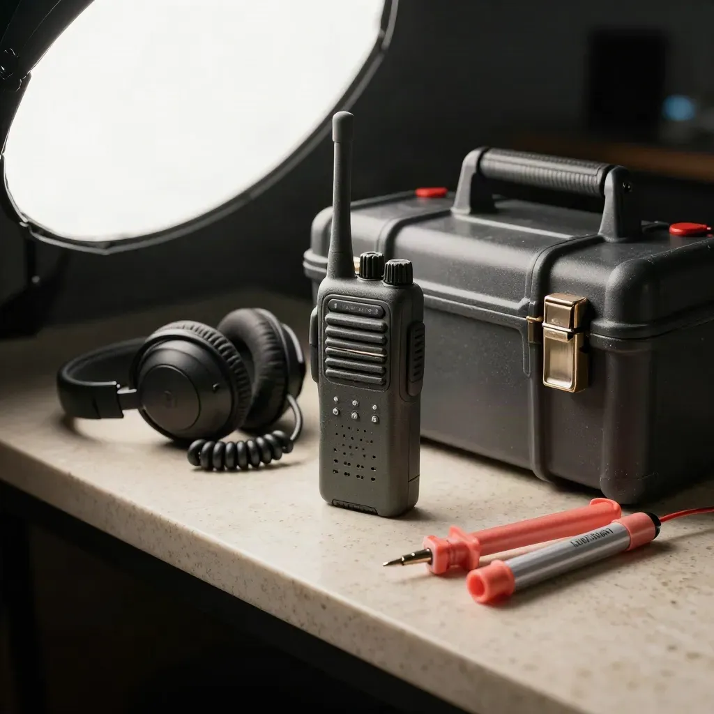 Makro-Set aus Funkgerät, Headset, Kabeltester, Clip-Marker und Notfallcase auf Travertin.
