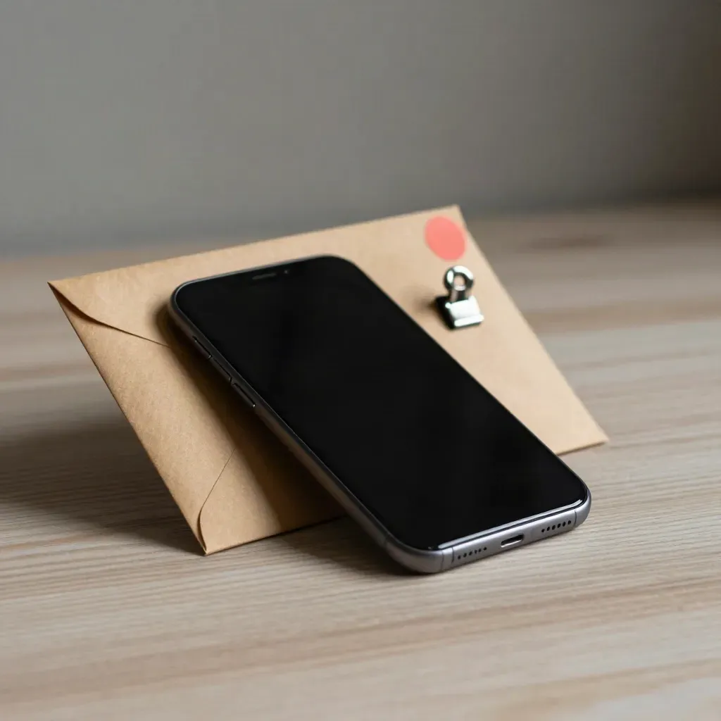 Smartphone, versiegelter Umschlag und Metallclip auf hellem Holz mit coral Akzent.