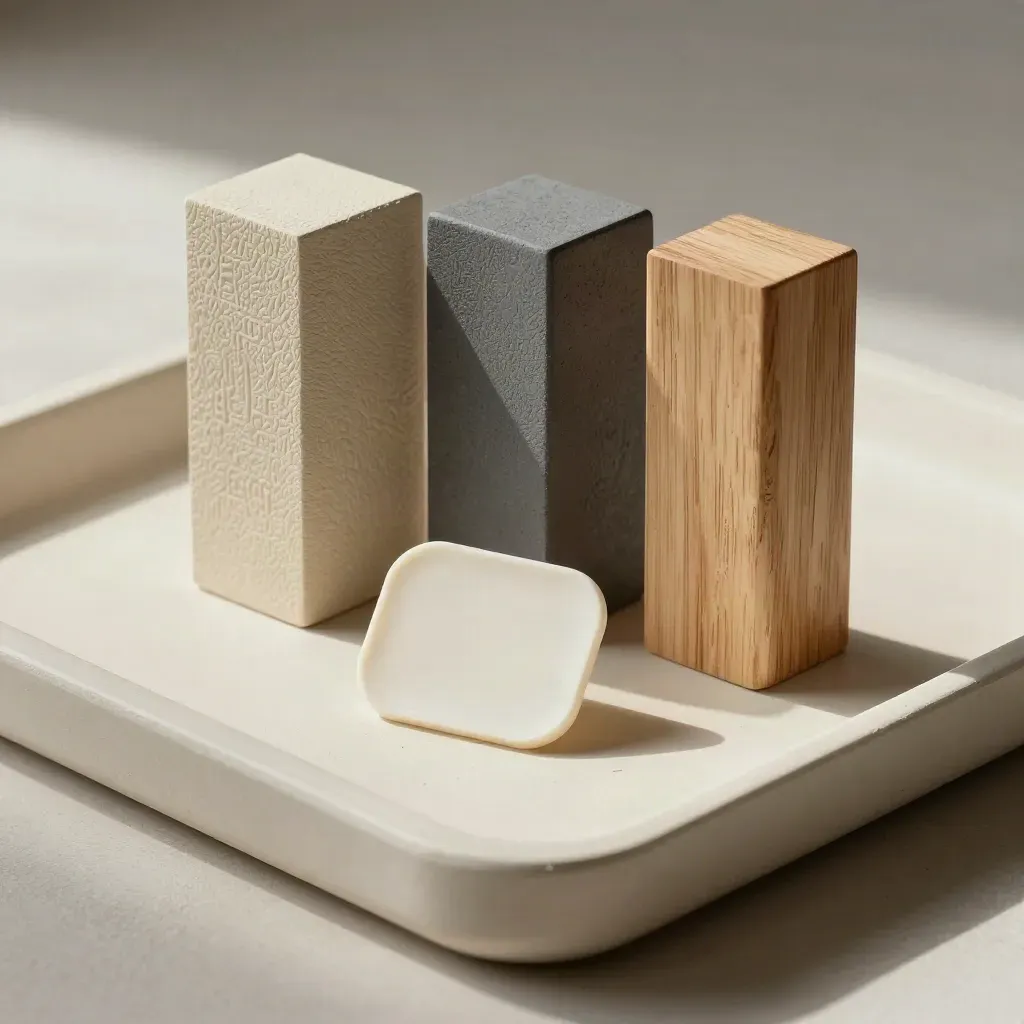 Materialmuster, Auswahlchip und Mini-Messestand auf hellem Putz, deutsch-minimalistisch und ruhig