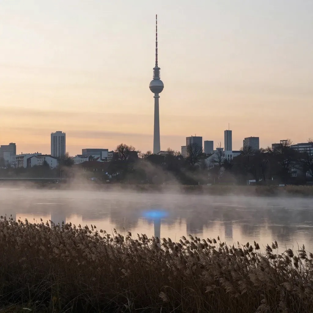 Berliner Skyline mit Fernsehturm über Nebel, Wasser und Wiesen im Morgenlicht