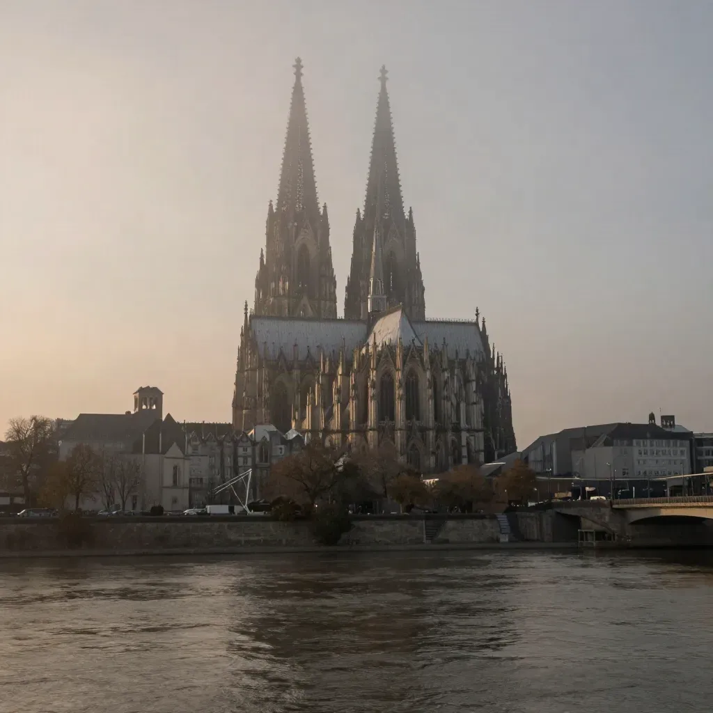 Kölner Dom über dem Rhein im Abenddunst, ruhige Uferzone für Copy