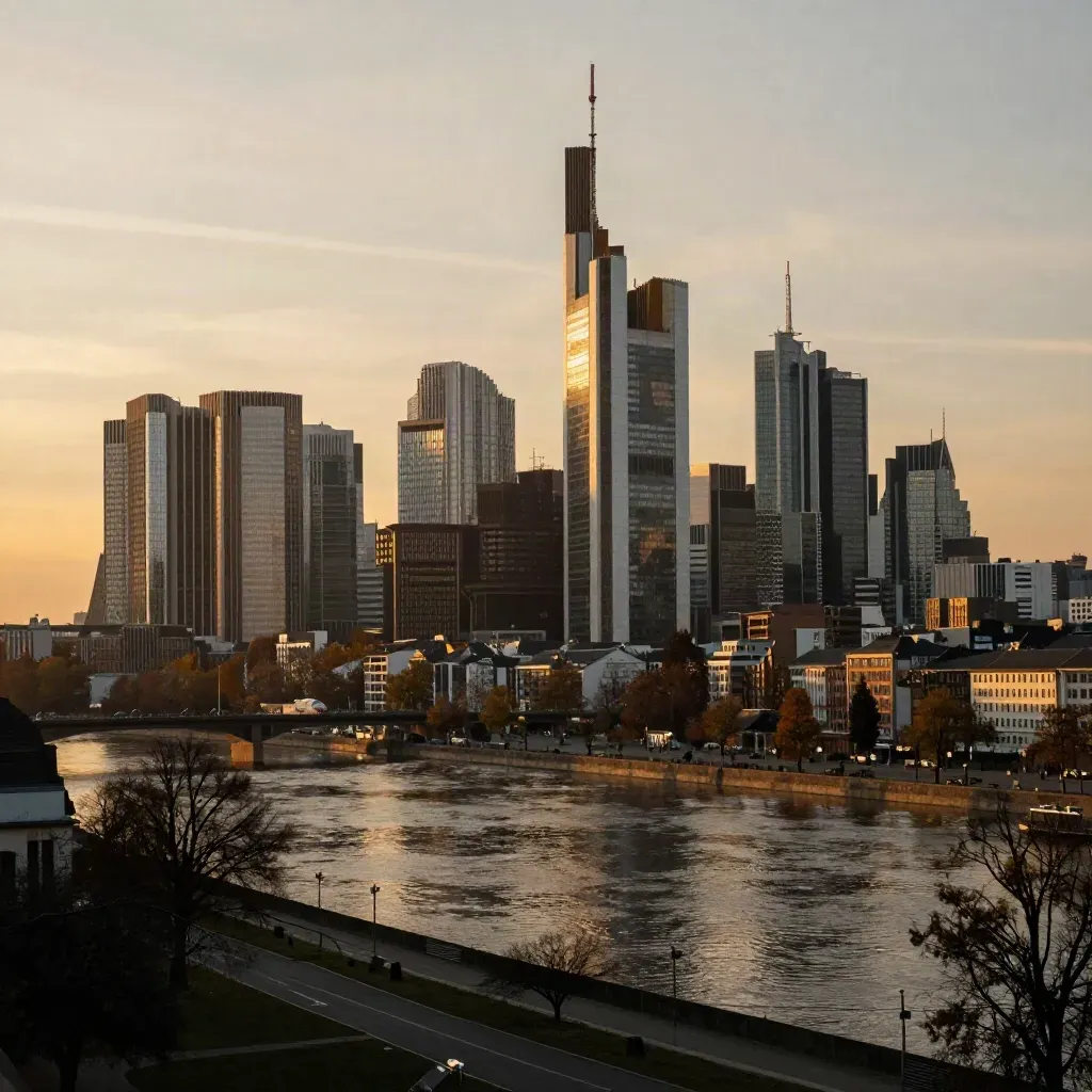 Frankfurter Skyline über dem Main im goldenen Abendlicht mit ruhiger Wasserfläche
