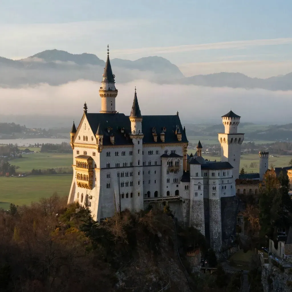 Schloss Neuschwanstein über einem nebligen Alpental im Abendlicht.