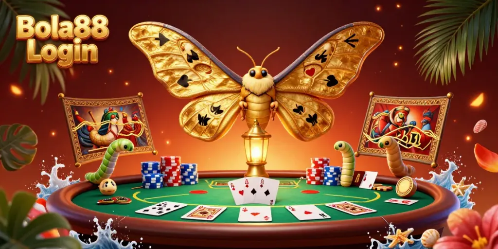 Capture the excitement of betting with the visually stunning Bola88 Login scene showcasing vibrant casino elements and a majestic atlas moth.
