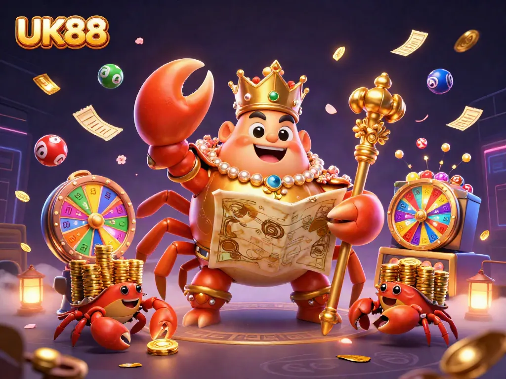 Engage in the vibrant world of UK88, featuring a golden crab emperor amidst exciting lottery elements and prizes.