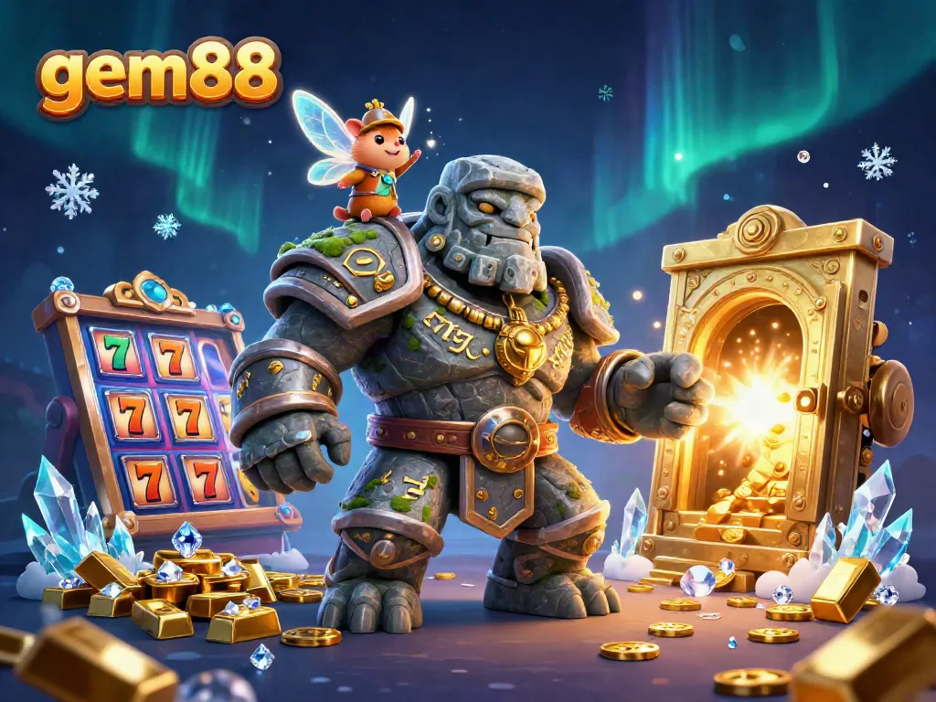 Experience winning strategies at gem88 with a magical scene of thrilling slots action featuring a golem guardian and companions.