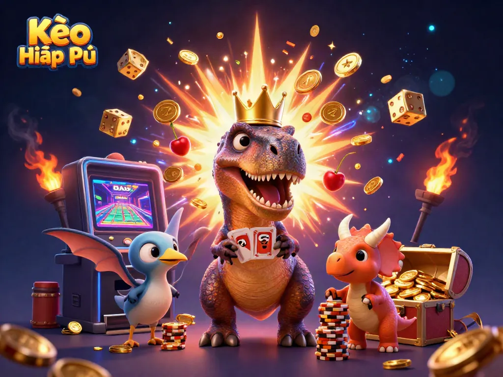 Engaging 3D cartoon scene featuring Kèo Hiệp Phụ with characters and dynamic casino elements.