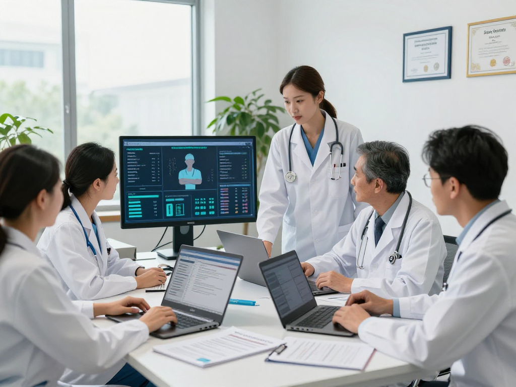 Gesundheitswesen Arzt team collaborating in a modern office to ensure data protection and patient care compliance.