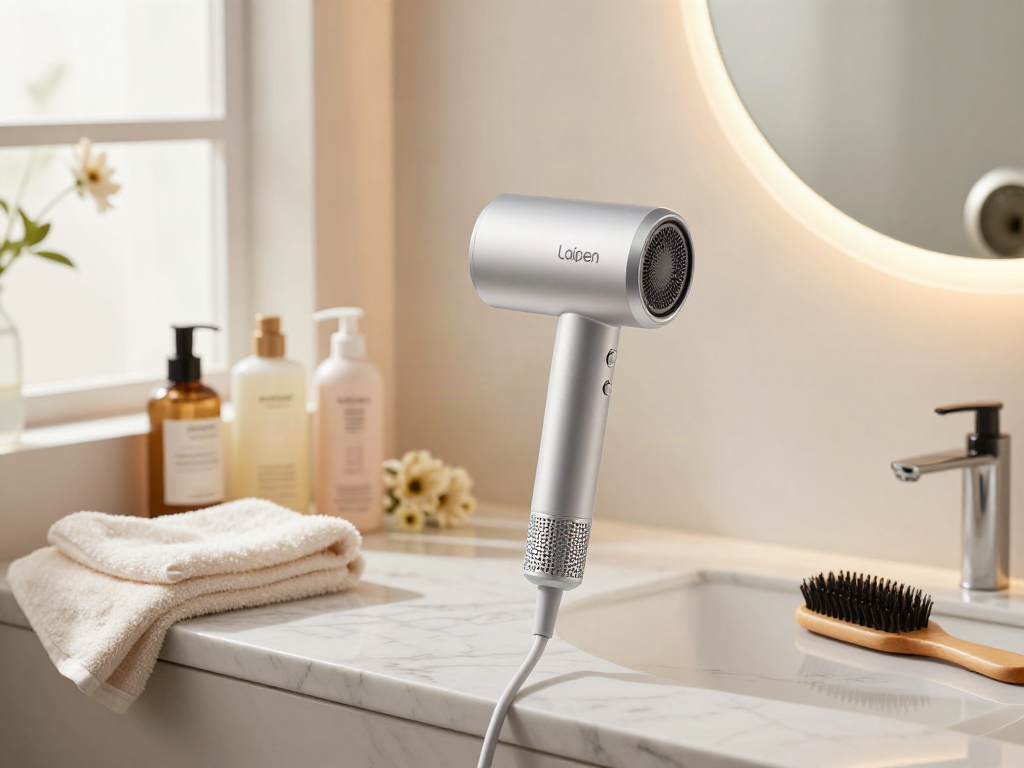 Laifen Föhn Haartrockner in elegantem Badezimmer mit Pflegeprodukten.