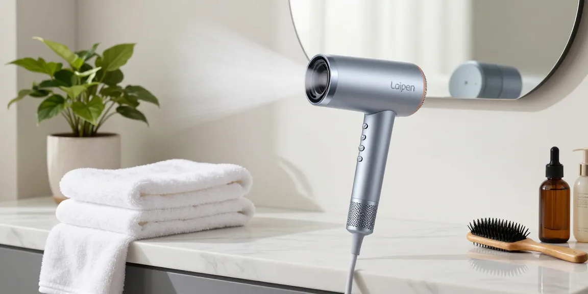 Elegantes Badezimmer mit einem Laifen Föhn auf der Marmortheke, umgeben von hochwertigen Pflegeprodukten.