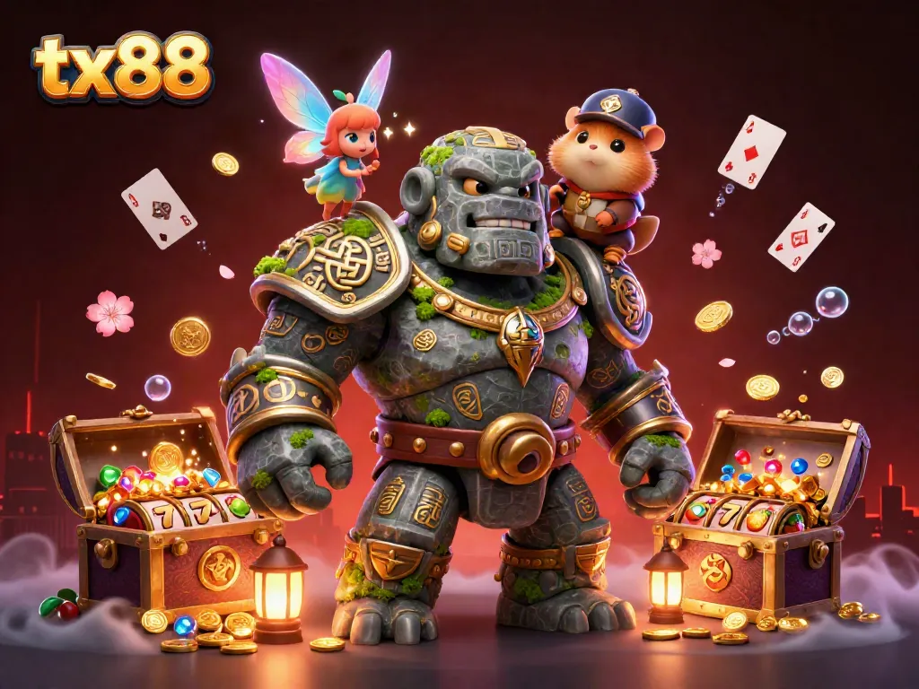 Engage with the magic of tx88 as a golem guardian, fairy, and hamster knight unveil vibrant casino treasures.