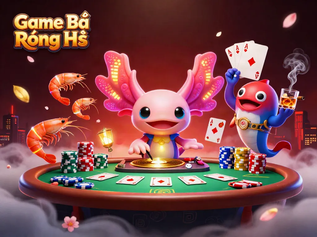 Engage in Game Bài Rồng Hổ with a vibrant casino scene featuring colorful characters, poker elements, and dynamic energy.