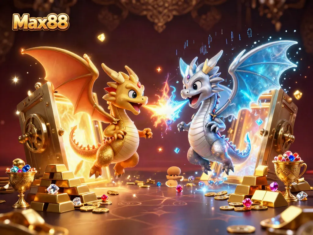 Engage in thrilling gameplay with Max88 as cartoon dragons embody opposing forces amidst treasures.