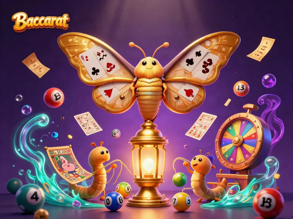 Baccarat game scene featuring golden-winged moths and colorful betting elements in a vibrant casino atmosphere.