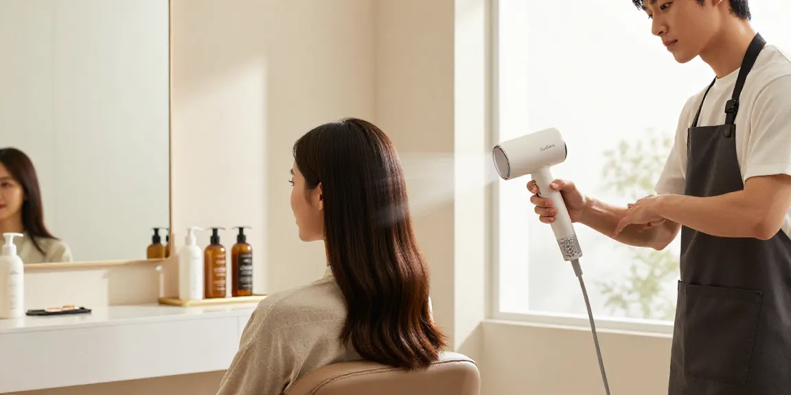 Anwendung des laifen air pro Haartrockners in einem modernen Friseursalon mit eleganter Atmosphäre.
