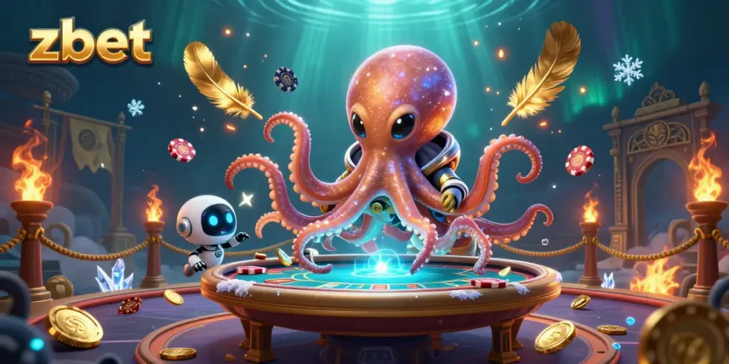 Zbet interactive scene featuring an alien octopus at a poker table, surrounded by cosmic elements.